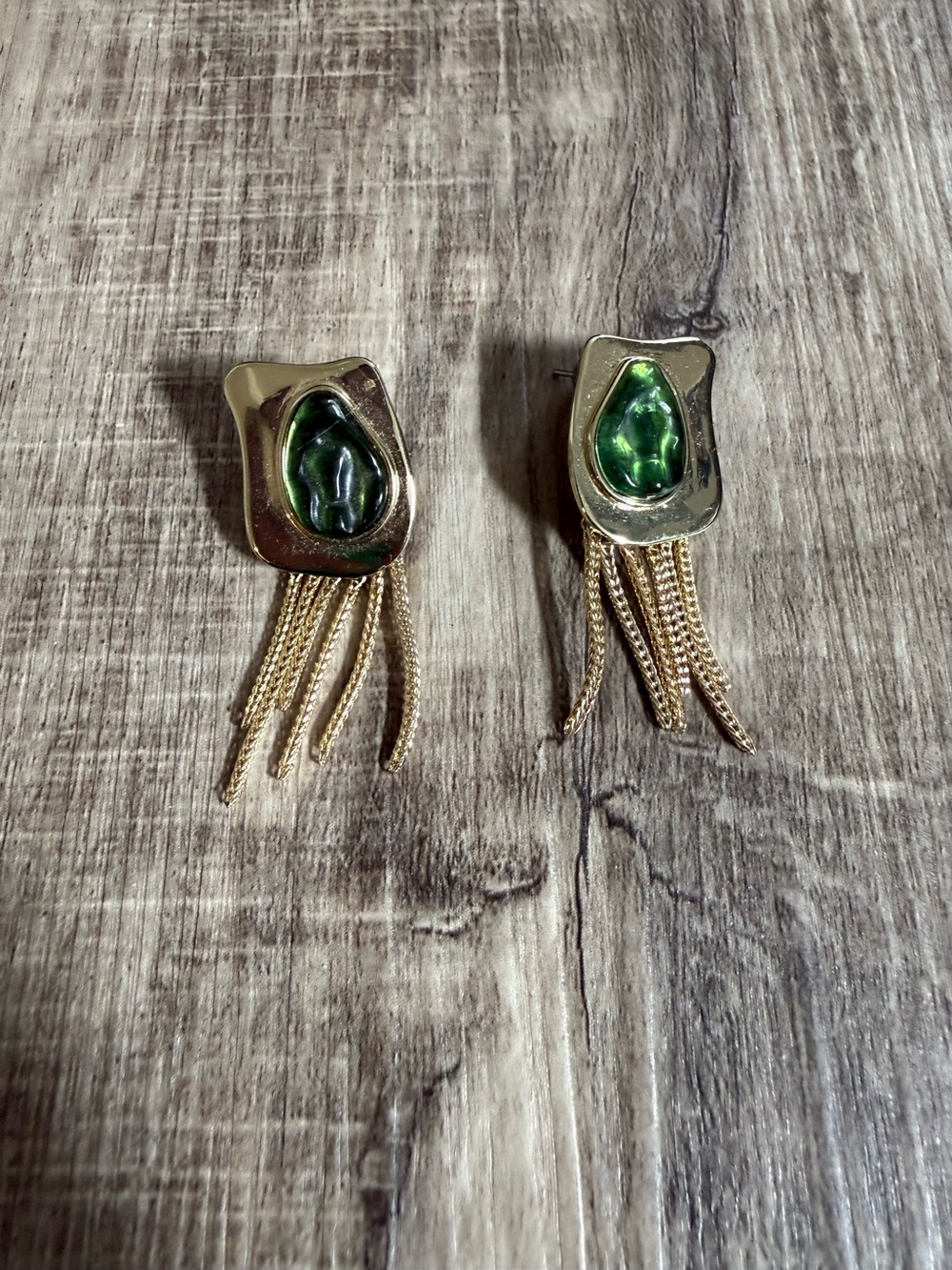 NWOT AJE Australia Green and Gold Abstract Fringe Earrings